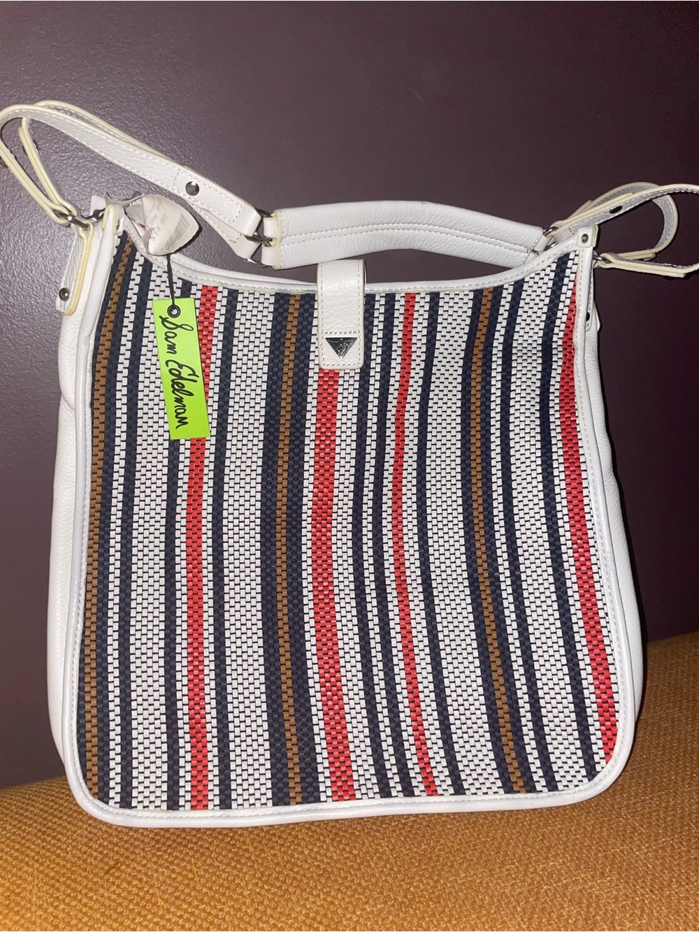 NWT Sam Edelman White Woven Shoulder Bag with Navy, Red & Brown Stripes